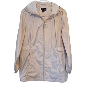 Jones‎ New York Womens Rain Jacket Beige Polka Dot Hooded Zip Up XL